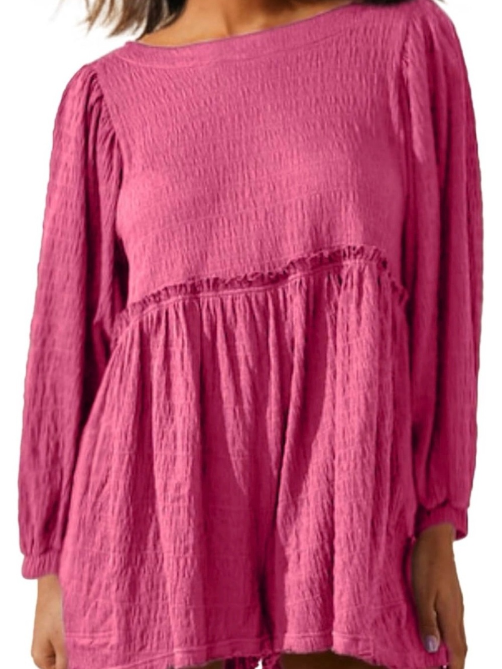 Womens Pink Long-Sleeve Textured Babydoll Romper